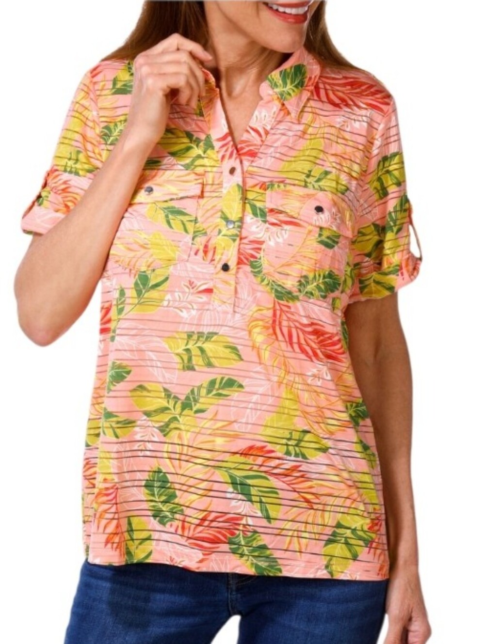 Pink Hawaiian Tropical Print Stretch Polo Shirt Blouse
